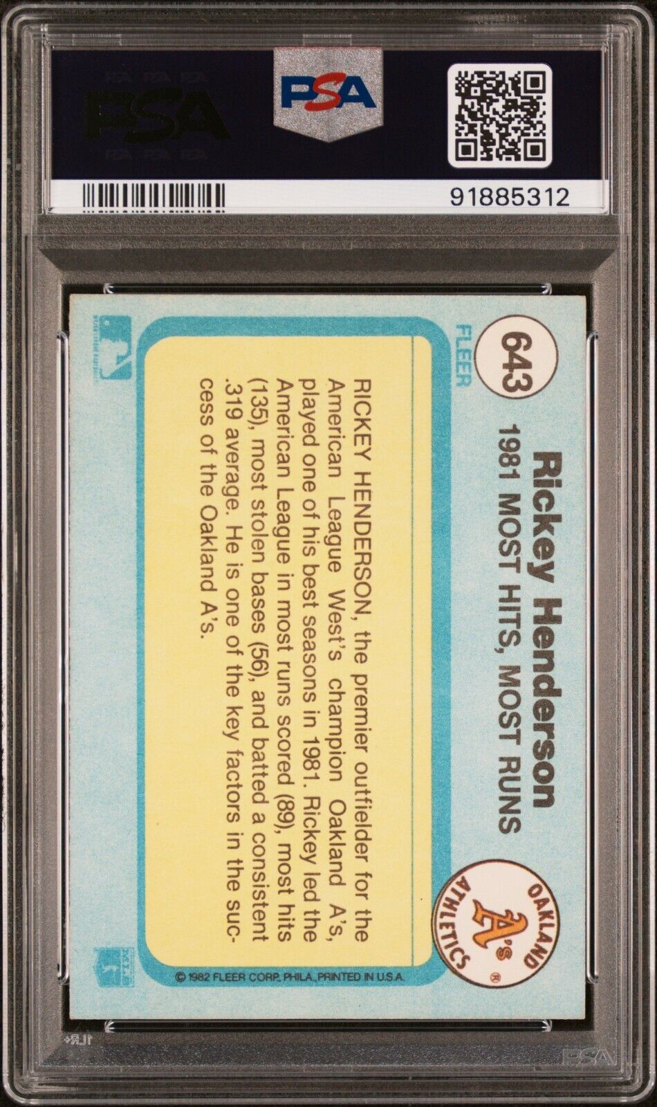 1982 Fleer Rickey Henderson 1981 Most Hits, Most Hits, Most Runs #643 HOF