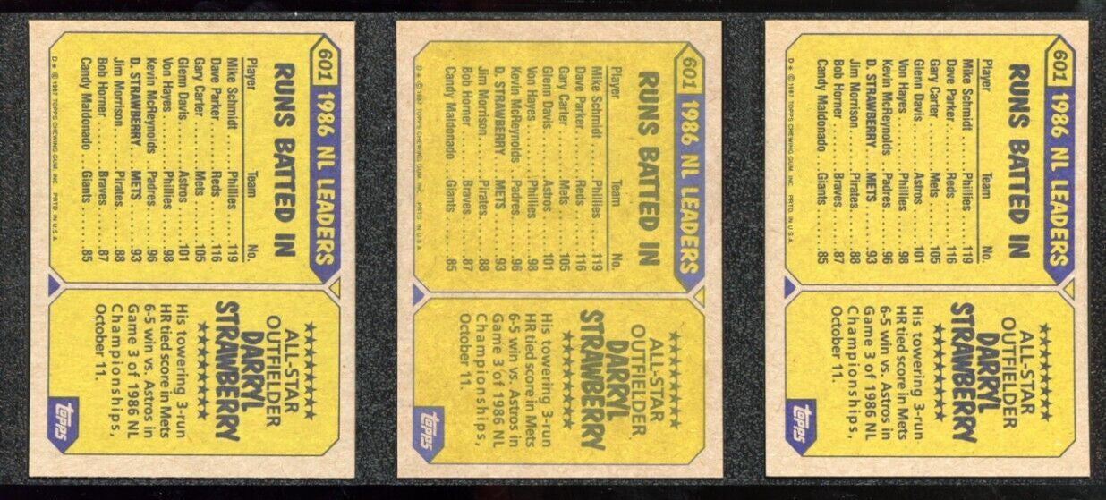 1987 Topps Baseball DARRYL STRAWBERRY "ALL STAR" Cards #601 NY Mets (LOT OF 3)
