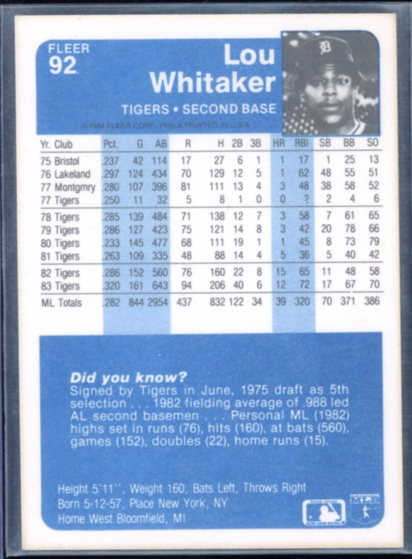 1984 Fleer Baseball LOU WHITAKER #92 Detroit Tigers (HOF)