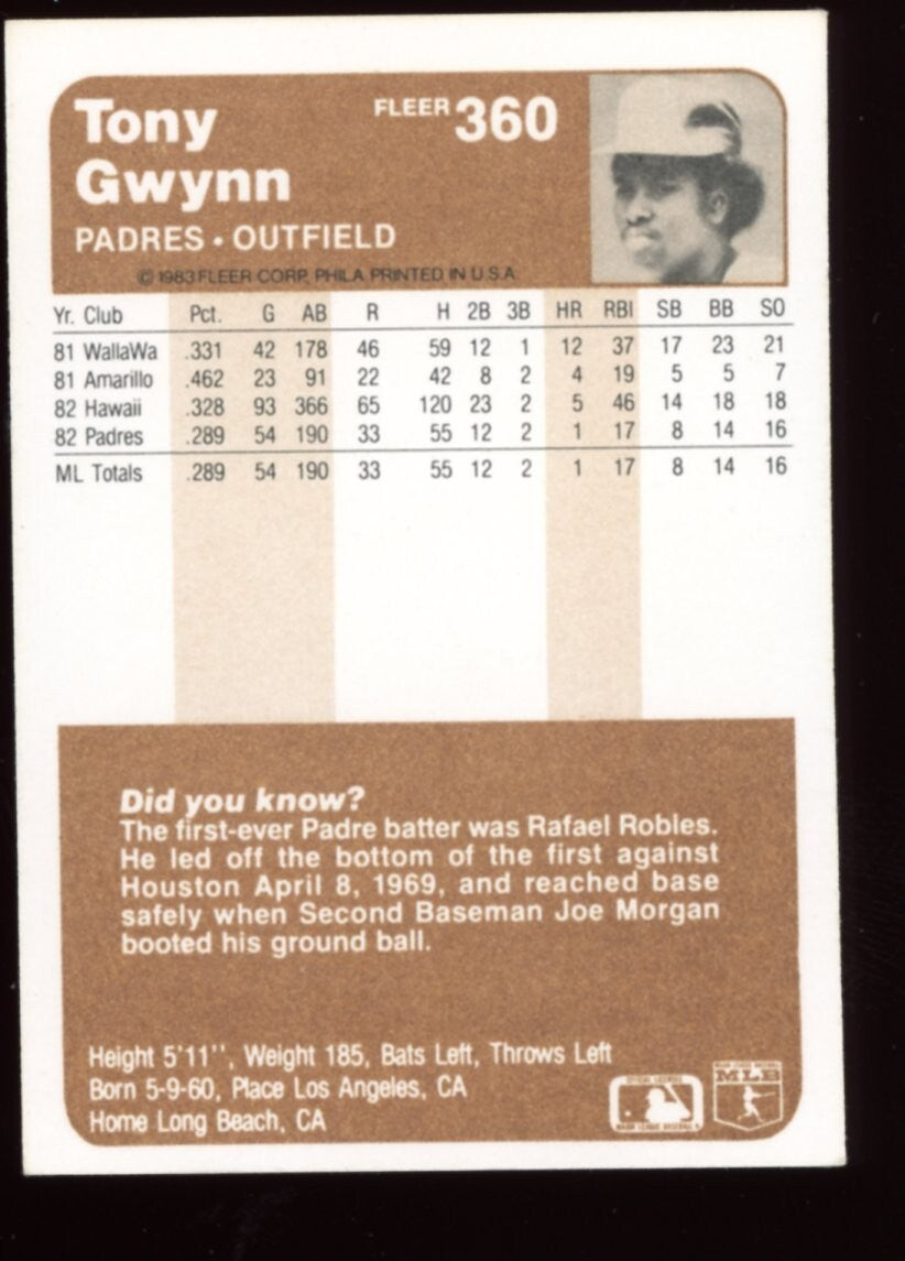 1983 Fleer Baseball Tony Gwynn #360 RC San Diego Padres MLB